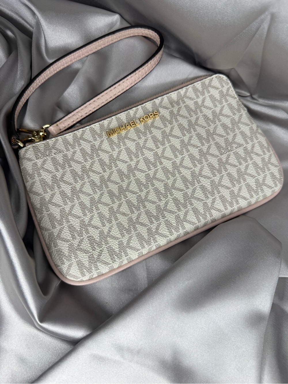 Michael Kors Cream and Pale Pink MK Logo Wristlet